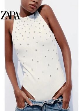 Zara White Ribbed Rhinestone Crystal Bodysuit M